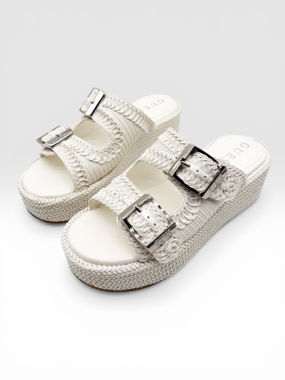GUESS Binks Double Buckle Platform Wedge Sandals Woven Ivory Cream 11 NEW